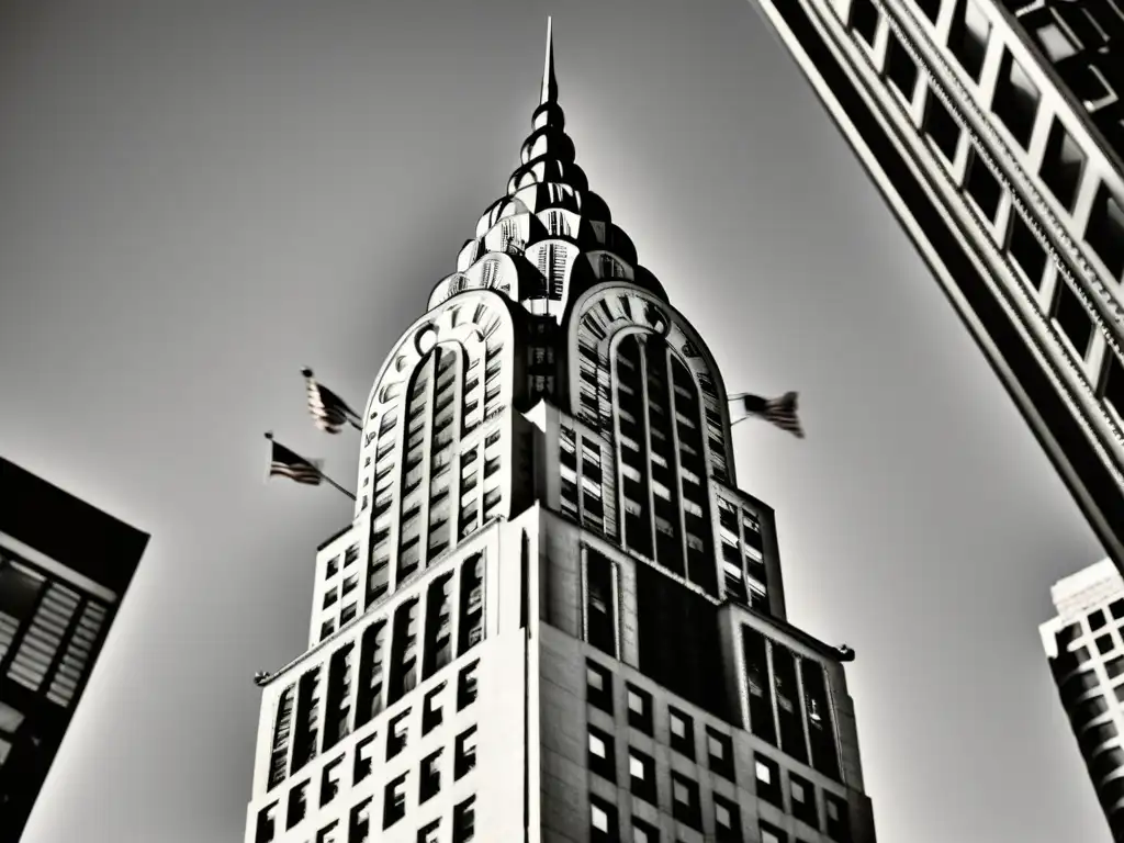 Imponente arquitectura moderna futurista del icónico Chrysler Building en Nueva York, con dinamismo y elegantes detalles de art deco en blanco y negro