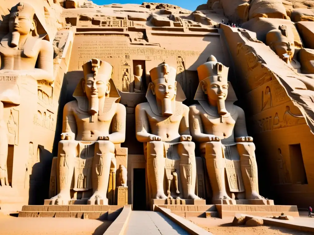 Imponente arquitectura monumental en época Ramsés II, con colosales estatuas y detalles intrincados en el templo de Abu Simbel