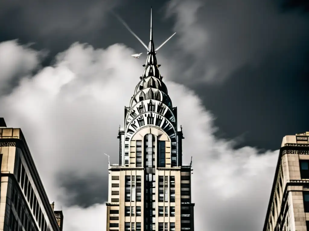 Imponente Chrysler Building en blanco y negro, evocando la evolución arquitectónica de Nueva York en la era del Art Deco