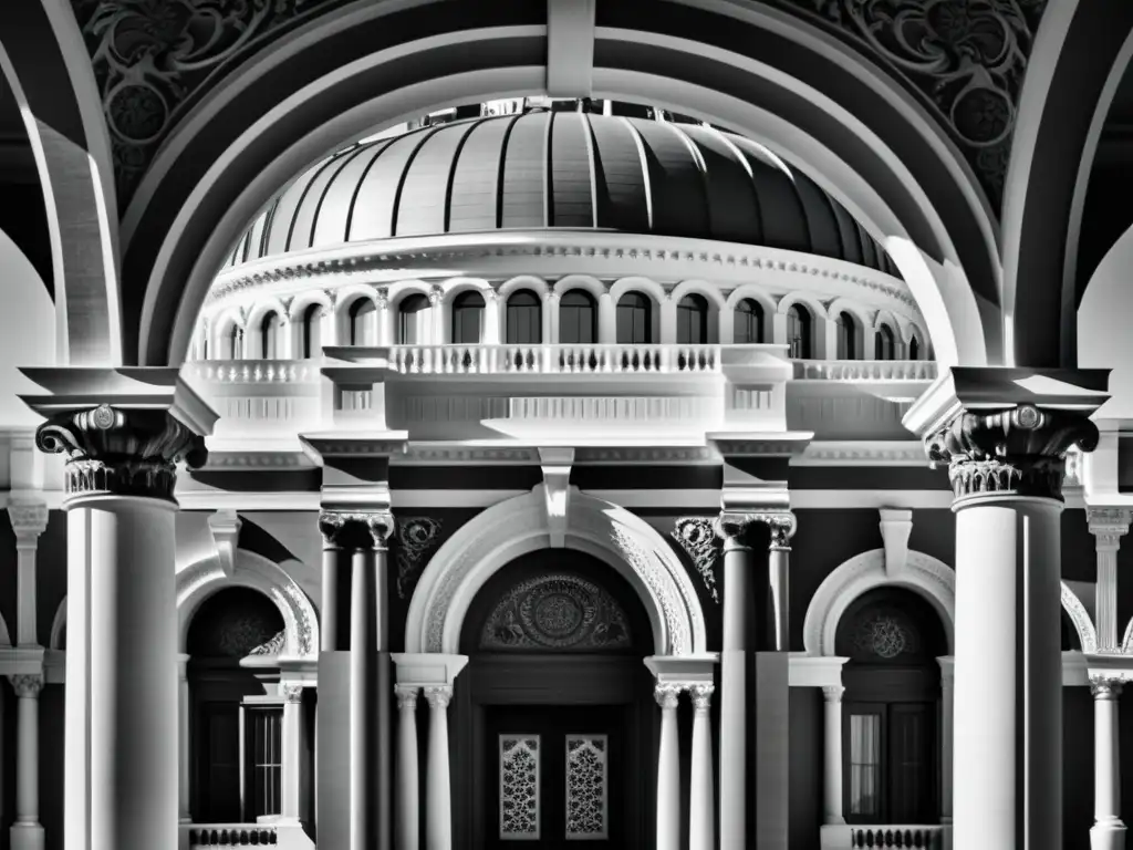 Imponente fotografía en blanco y negro de una obra arquitectónica única que exuda elegancia atemporal y opulencia histórica