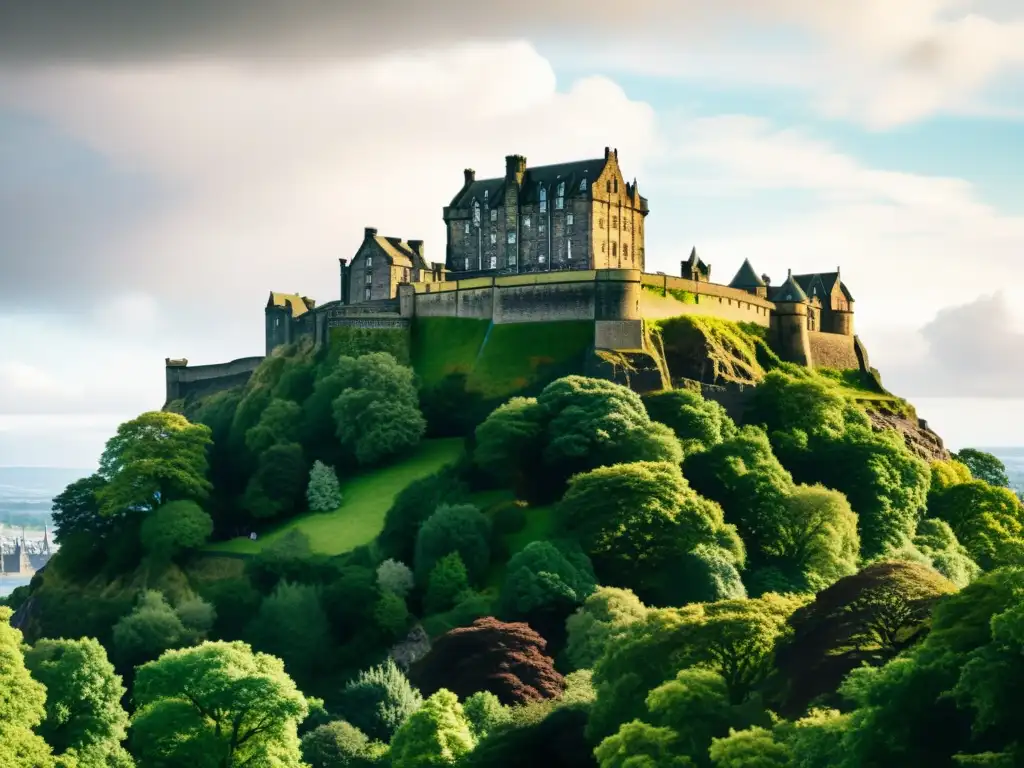 Imponente castillo de Edimburgo en Castle Rock, rodeado de vegetación y bajo un cielo dramático