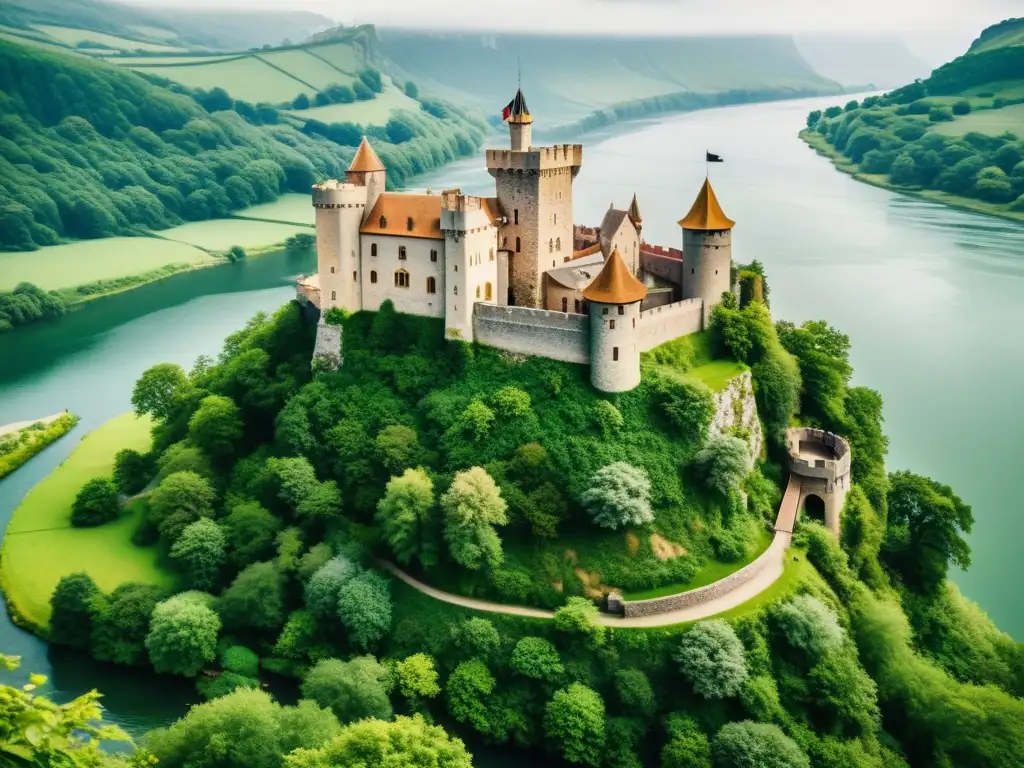 Imponente castillo medieval en un acantilado con exuberante vegetación y un río serpenteante