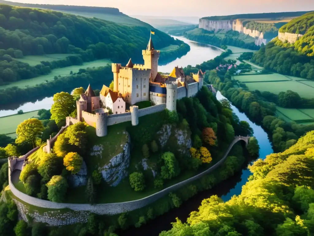 Un imponente castillo medieval en un acantilado rocoso, rodeado de un frondoso bosque y con un río serpenteante