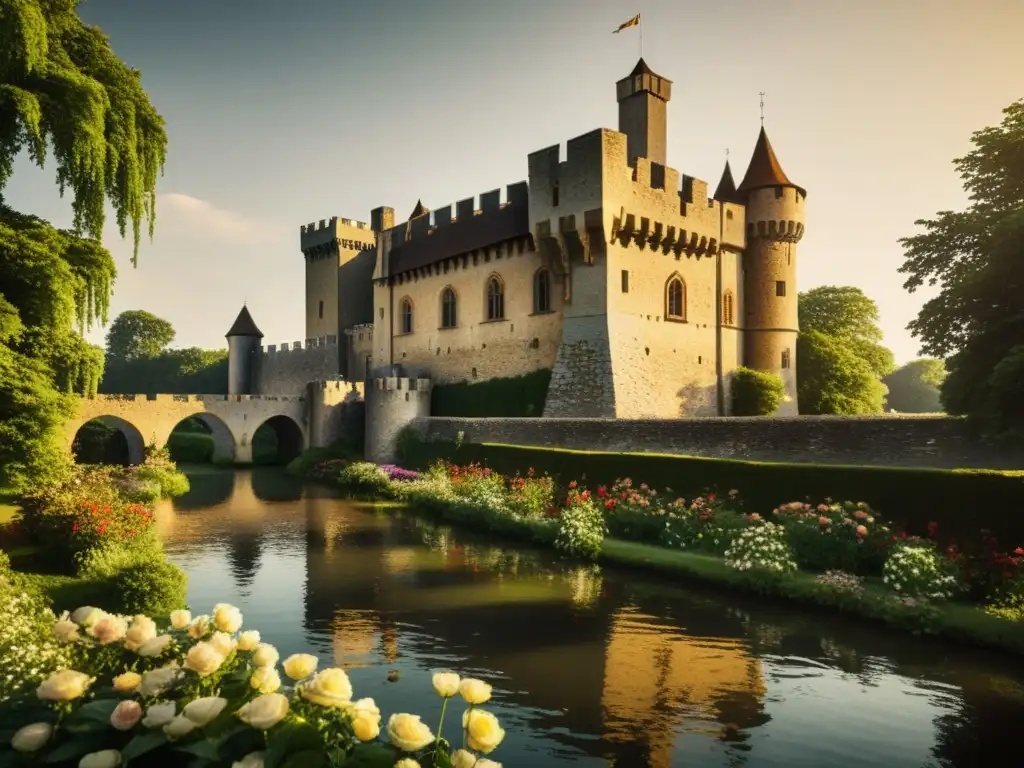 Imponente castillo medieval con arquitectura detallada, rodeado de un foso verde y flores vibrantes