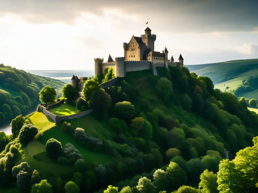 Imponente castillo medieval en colina rocosa, rodeado de exuberante vegetación