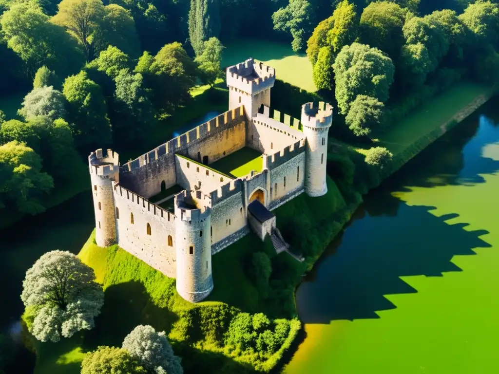 Imponente castillo medieval rodeado de un frondoso foso verde y altos árboles