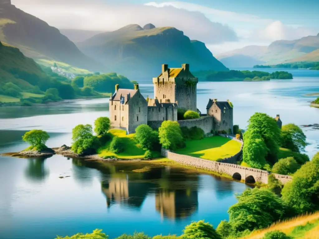 Imponente castillo medieval de Eilean Donan en Escocia rodeado de naturaleza exuberante y tranquilas aguas