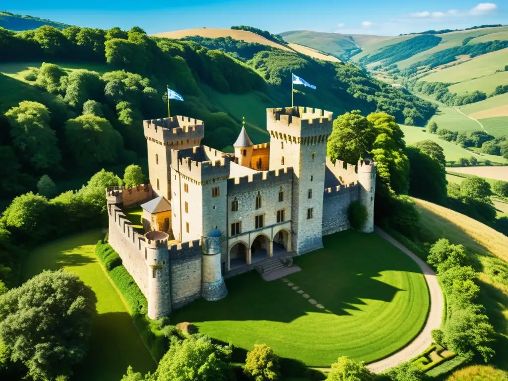 Imponente castillo medieval rodeado de exuberante vegetación y cielo azul