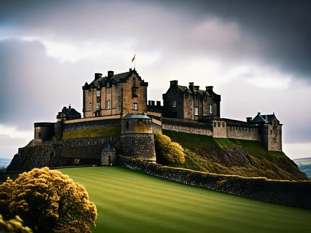 Imponente castillo de Stirling con fortificaciones medievales de Escocia, bajo un cielo dramático y nostálgico