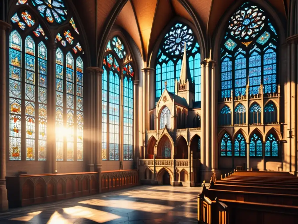 Imponente catedral gótica bañada por luz solar y vidrieras, reflejando la arquitectura medieval