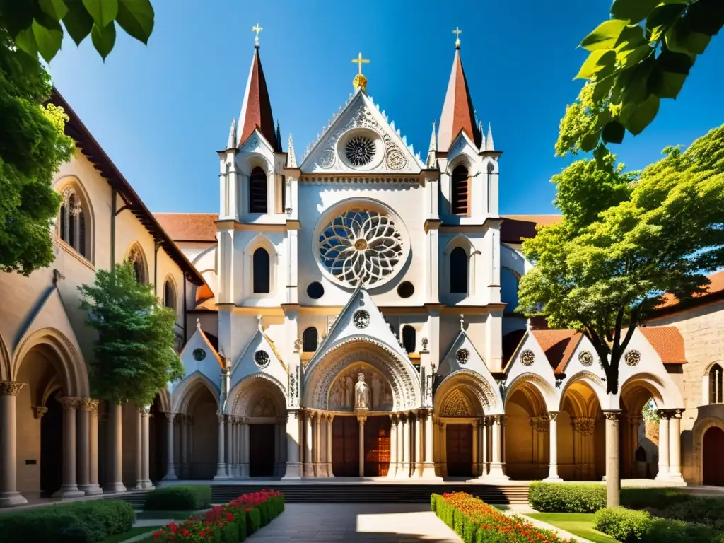 Imponente catedral renacentista con detalles arquitectónicos y vitrales, bañada por cálida luz