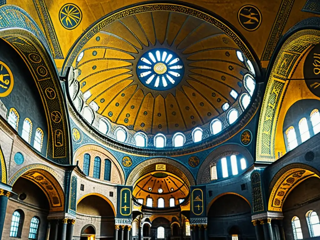 Domo majestuoso de Hagia Sophia: Belleza atemporal Imponente cúpula de la arquitectura de Hagia Sophia, detalles intrincados y juego de luces en tonos cálidos vintage