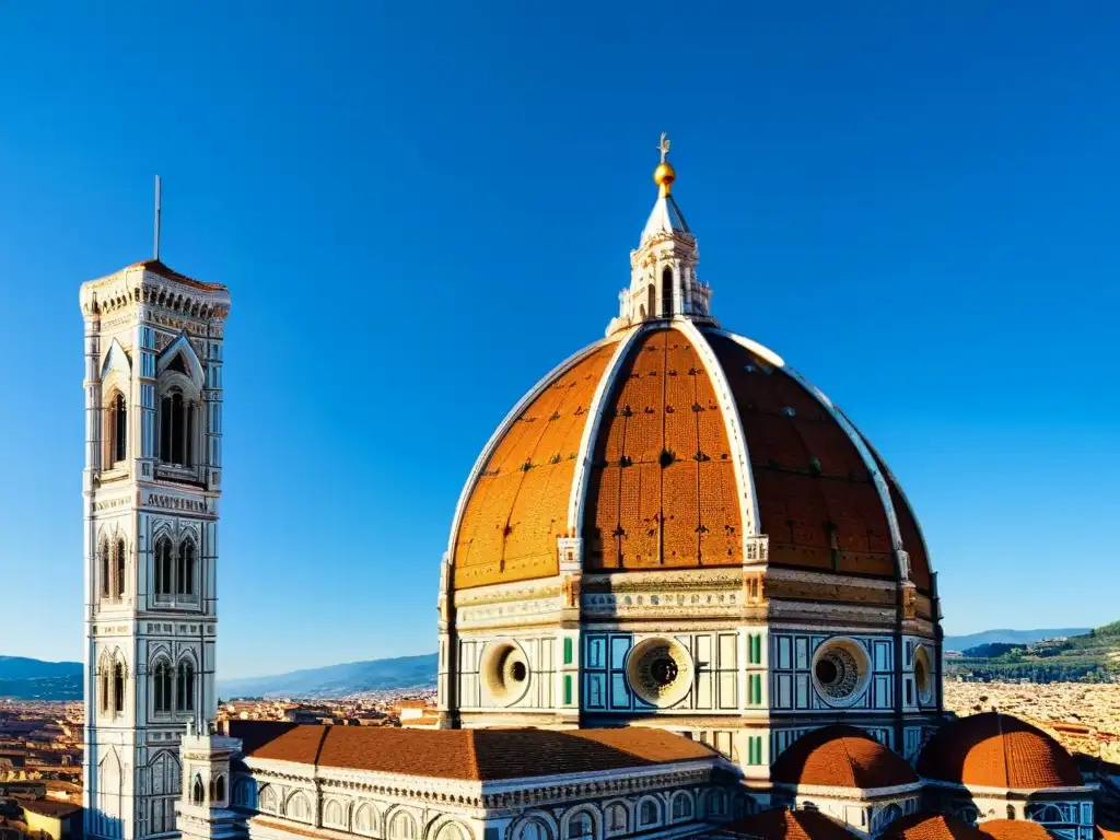 Imponente cúpula renacentista de la Catedral de Florencia, bañada por la cálida luz del sol, destacando su elegante arquitectura del Alto Renacimiento