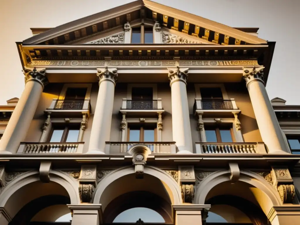 Imponente edificio histórico convertido en residencia de lujo, con detalles arquitectónicos ornamentados y una entrada majestuosa