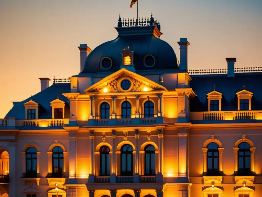 Imponente edificio histórico iluminado por cálida luz, evocando elegancia y belleza atemporal