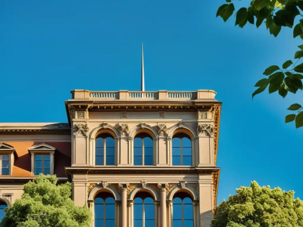 Imponente edificio histórico en tonos cálidos bajo cielo azul, rodeado de exuberante vegetación