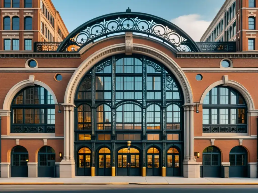 Imponente edificio industrial vintage con detalles ornamentados y vista de la ciudad