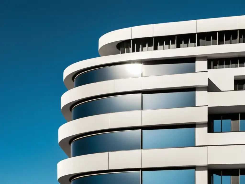 Imponente edificio modernista en blanco y negro contrasta con el cielo azul