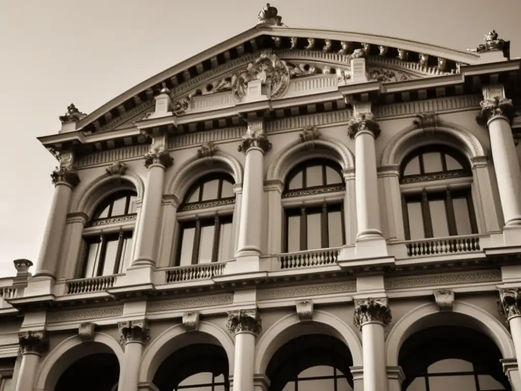 Una fotografía vintage de una imponente fachada, con detalles arquitectónicos ornamentados y una figura caminando hacia la entrada