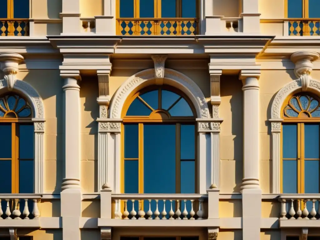 Imponente fachada de edificio vintage con detalles arquitectónicos valor inmobiliario, bañada en cálido sol dorado