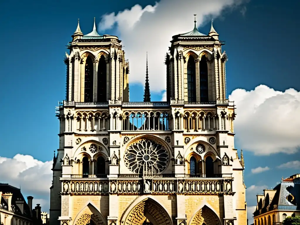 Imponente fachada gótica de la Catedral de Notre Dame en París, evocando un diálogo tecnológico arquitectura gótica