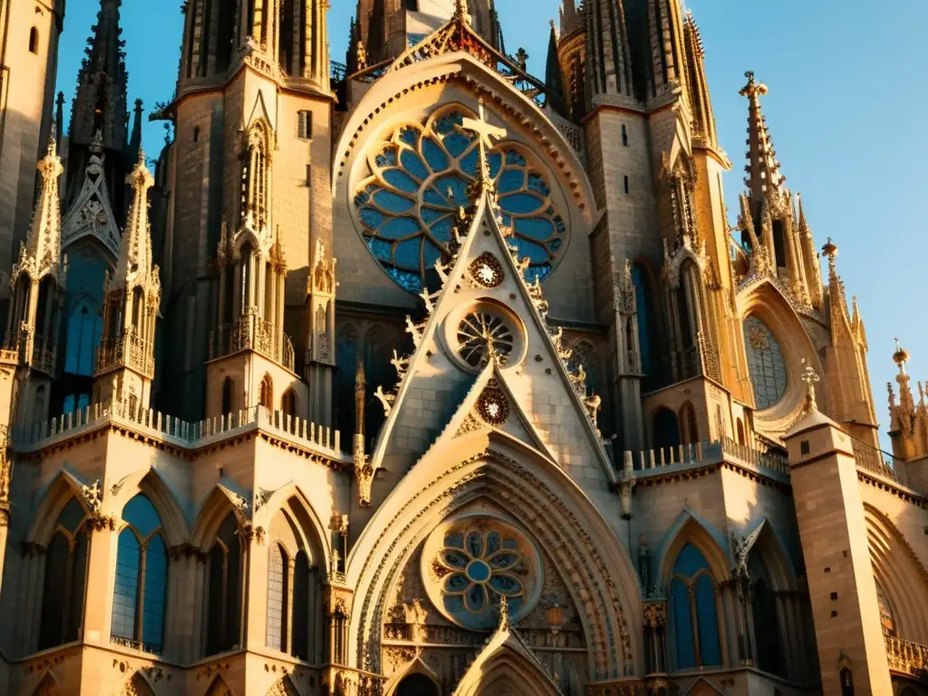 Imponente fachada gótica de la Catedral de Barcelona con influencia arquitectura gótica contemporánea, bañada por la cálida luz del atardecer