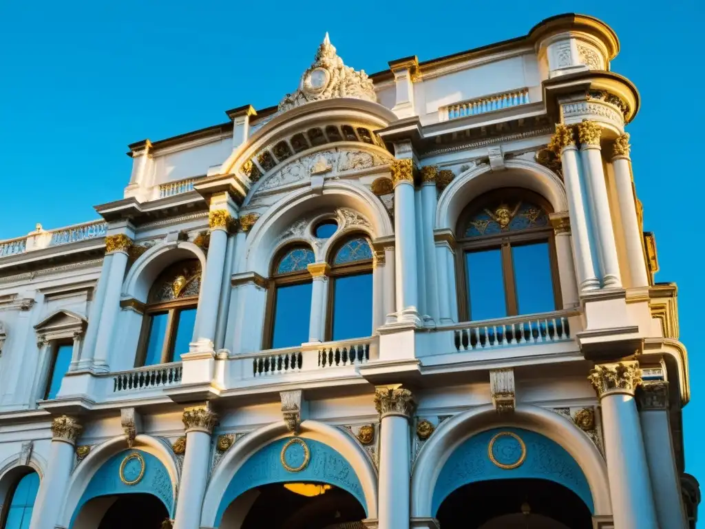 Imponente fachada histórica con detalles ornamentados y columnas, bajo cielo azul