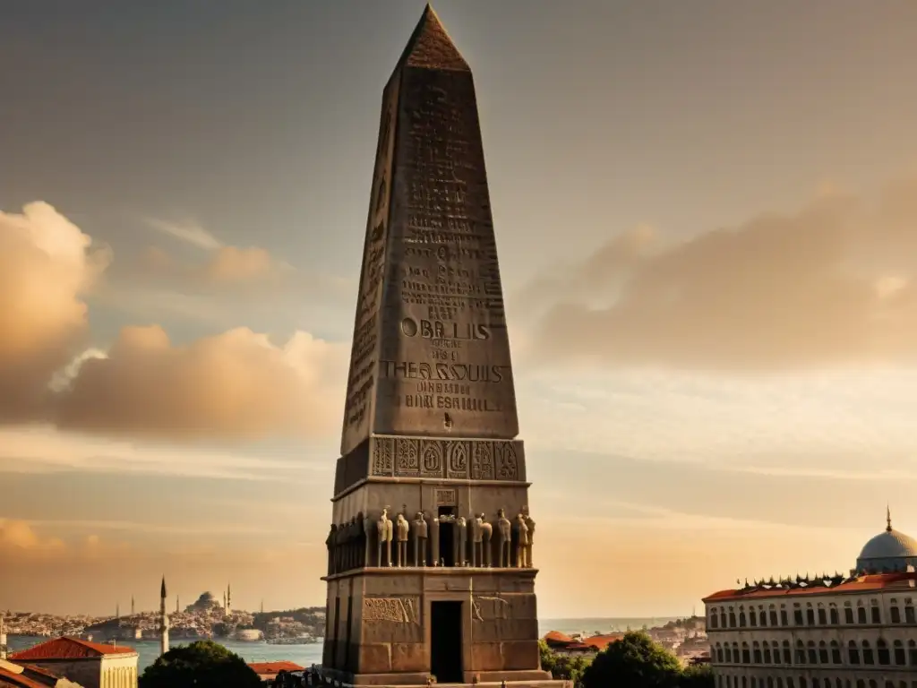 Una imponente fotografía en sepia del obelisco de Teodosio en Estambul, Turquía