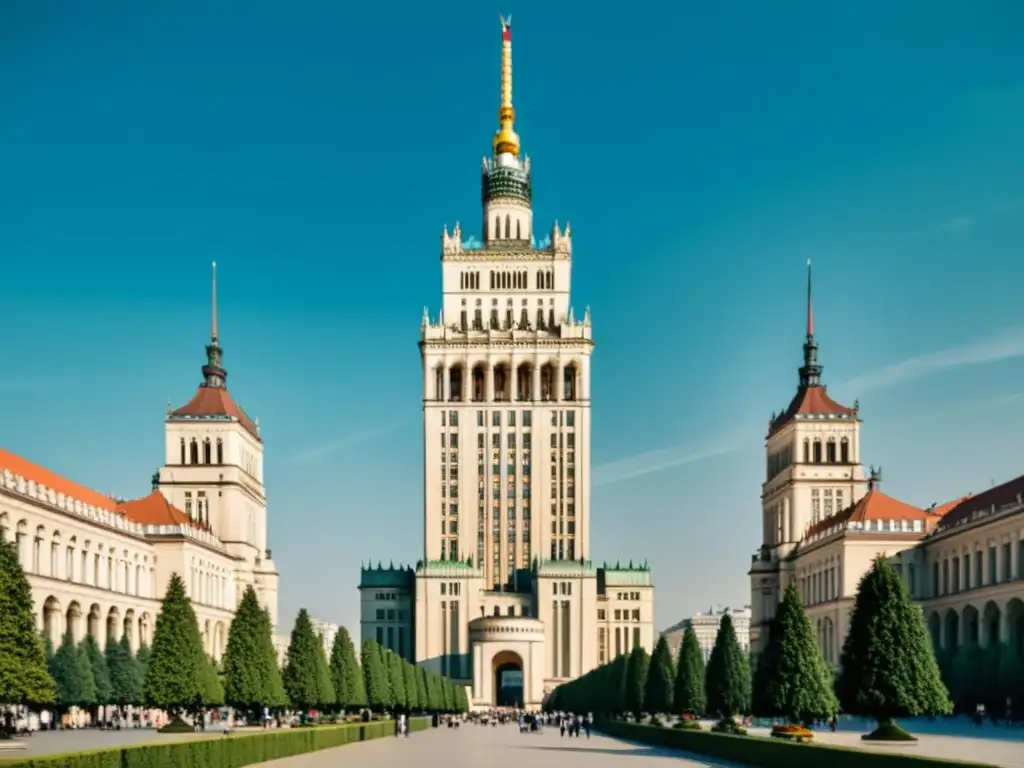 Palacio de Cultura y Ciencia: Legado comunista en Varsovia Una fotografía sepia del imponente Palacio de la Cultura y la Ciencia en Varsovia, Polonia, reflejando la arquitectura comunista de Europa del Este