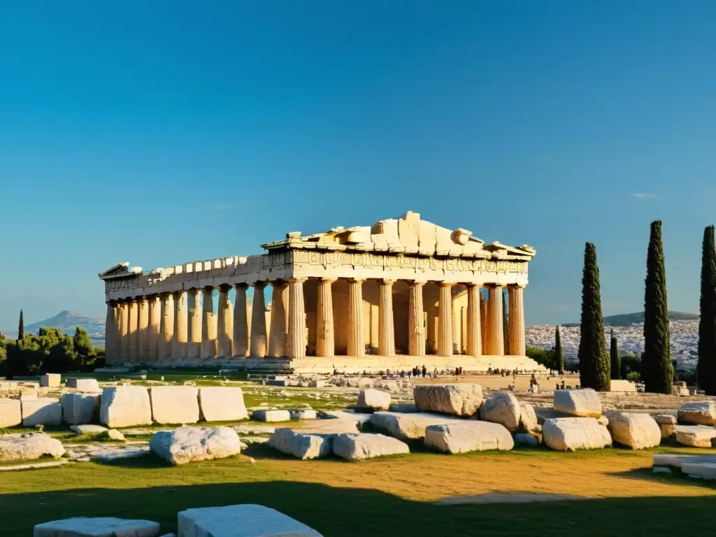 Imponente Parthenon en Atenas al atardecer, con columnas, frisos y esculturas