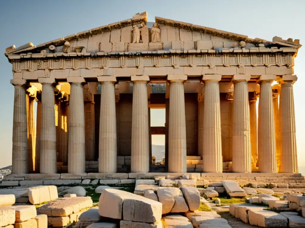 El imponente Parthenon en la cálida luz del atardecer, destacando los detalles de su fachada