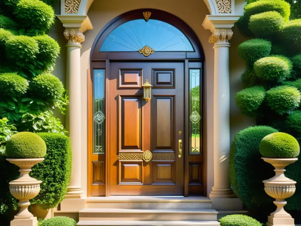 Una imponente puerta de madera vintage con detalles ornamentados y adornos metálicos, destaca entre exuberante vegetación y una majestuosa mansión