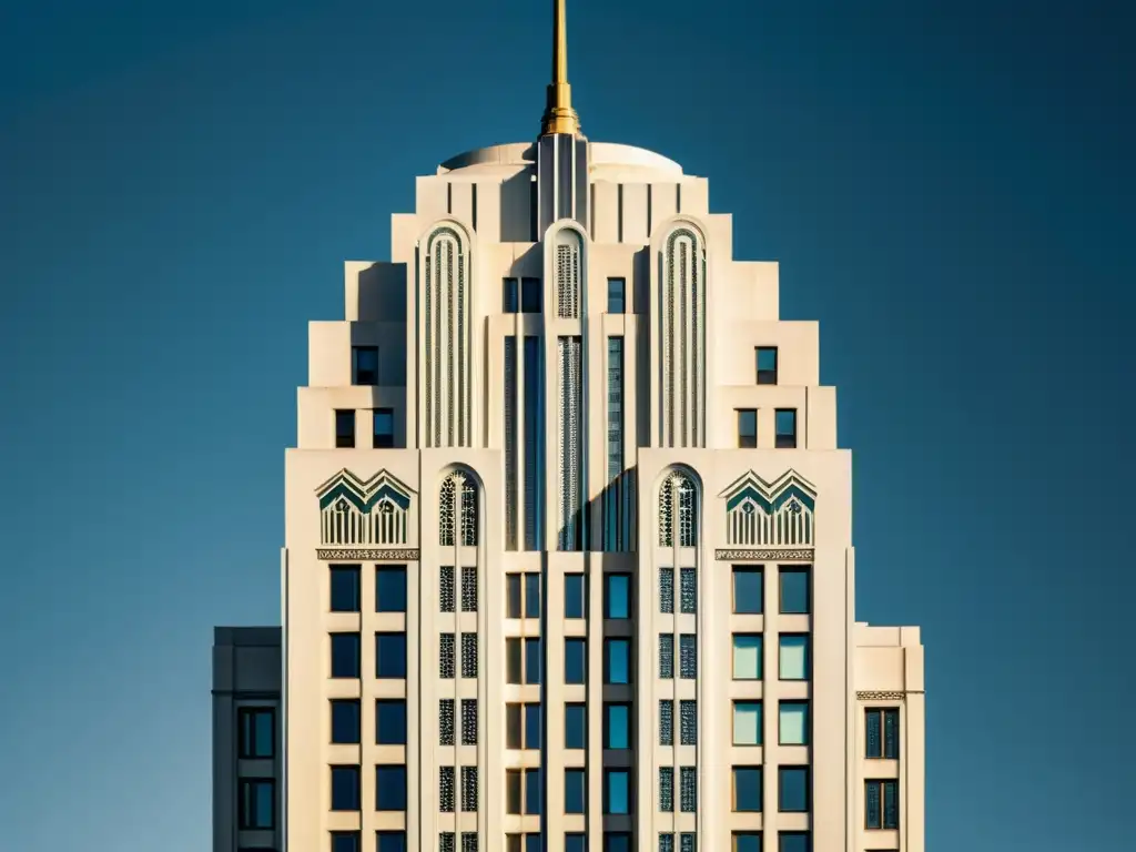 Imponente rascacielos en blanco y negro con detalles Art Deco, capturando el resurgimiento del estilo Art Deco en la arquitectura urbana