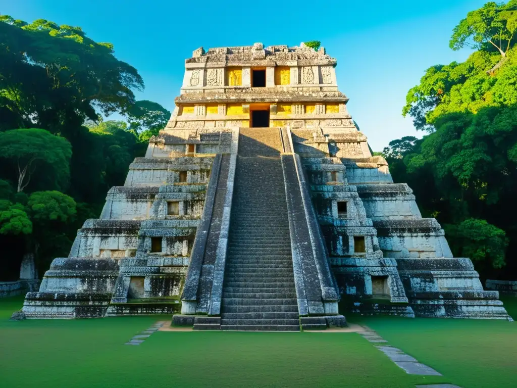 Imponente ruinas de la arquitectura maya en Palenque, bañadas por la luz dorada del atardecer y rodeadas de exuberante vegetación