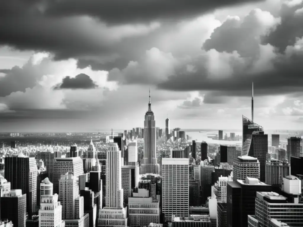 Imponente skyline urbano en blanco y negro, reflejando el impacto ambiental de los rascacielos urbanos