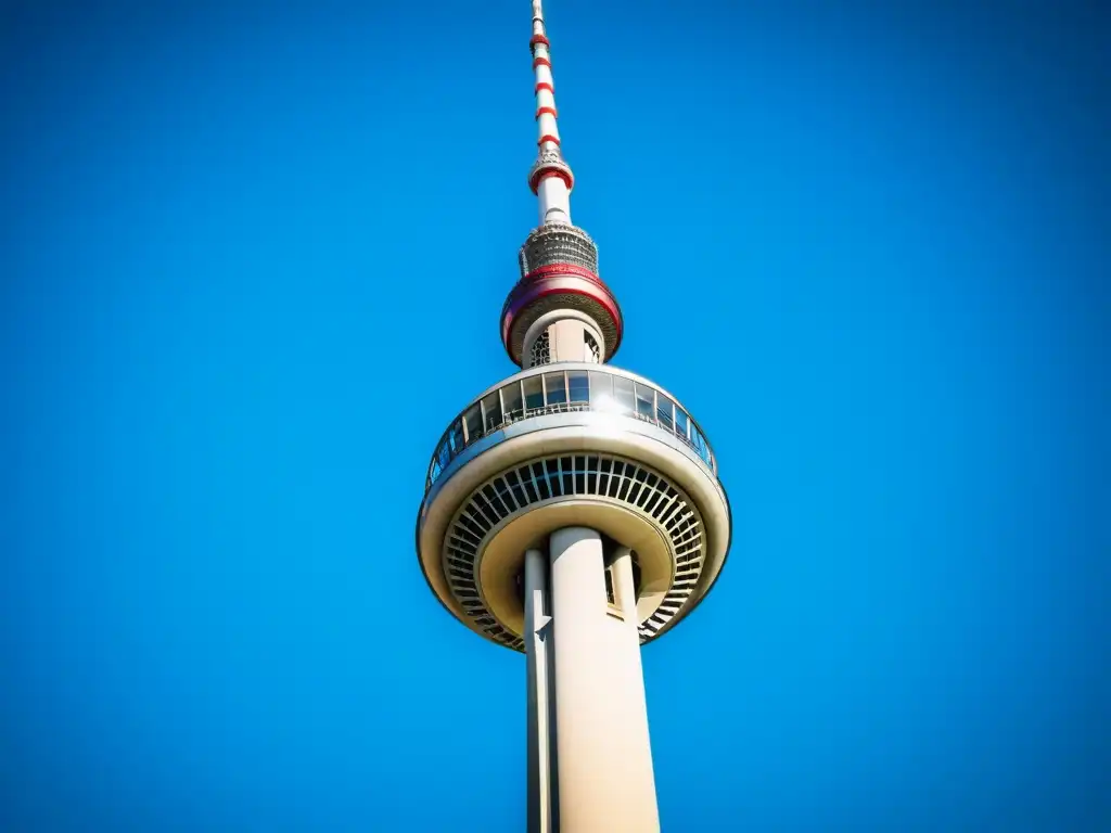 Imponente Torre de TV de Berlín, símbolo de la arquitectura modernista y la historia de la ciudad, se alza sobre el cielo azul