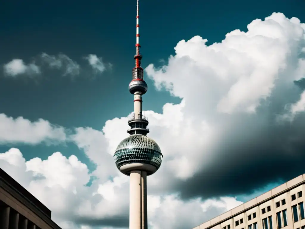 Imponente Torre de TV de Berlín en blanco y negro, destaca entre la arquitectura modernista de Alexanderplatz