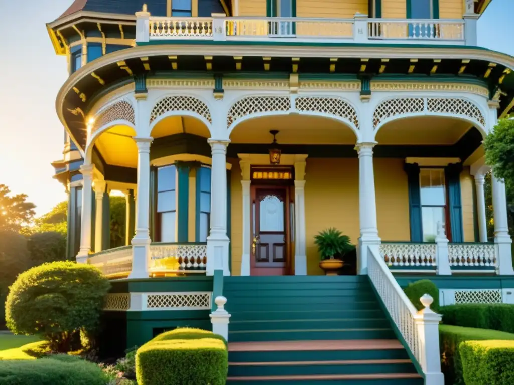 Imponente mansión victoriana con detalles arquitectónicos, iluminada por la cálida luz del atardecer