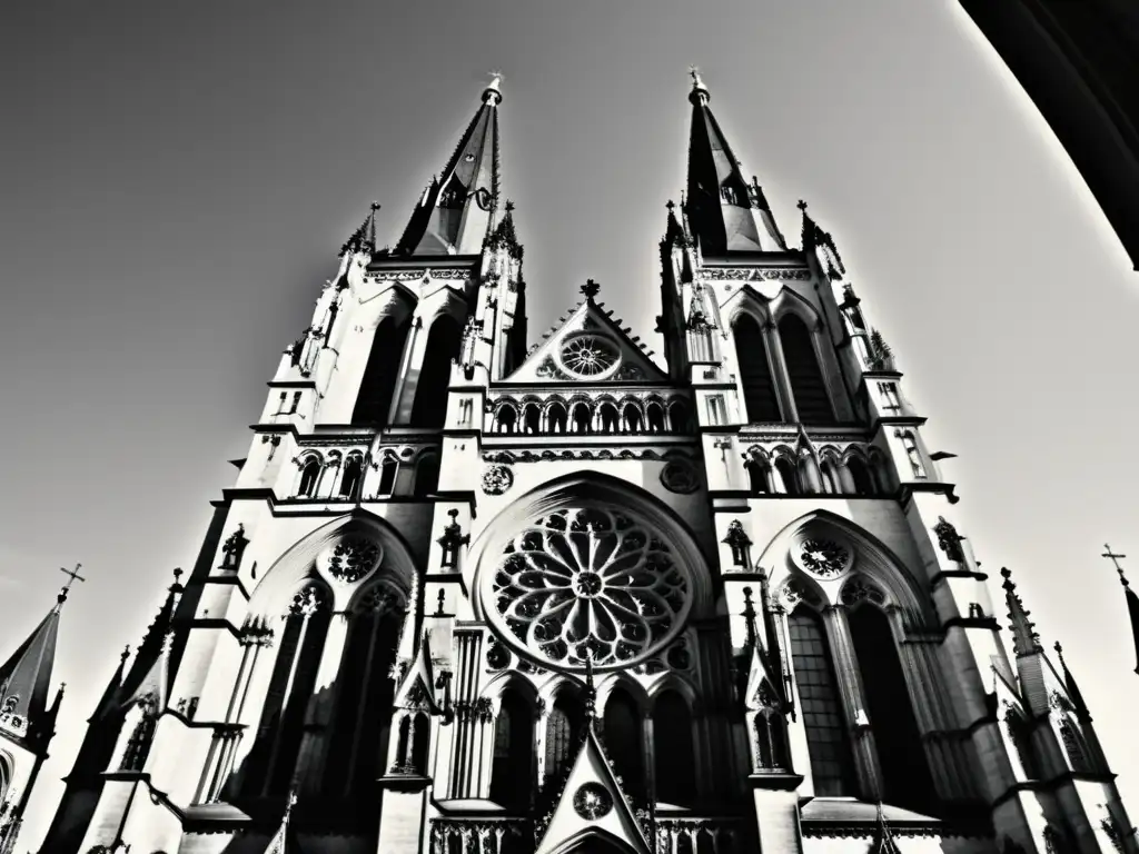 Imponentes catedrales góticas compiten en altura, evocando historia y majestuosidad arquitectónica en blanco y negro