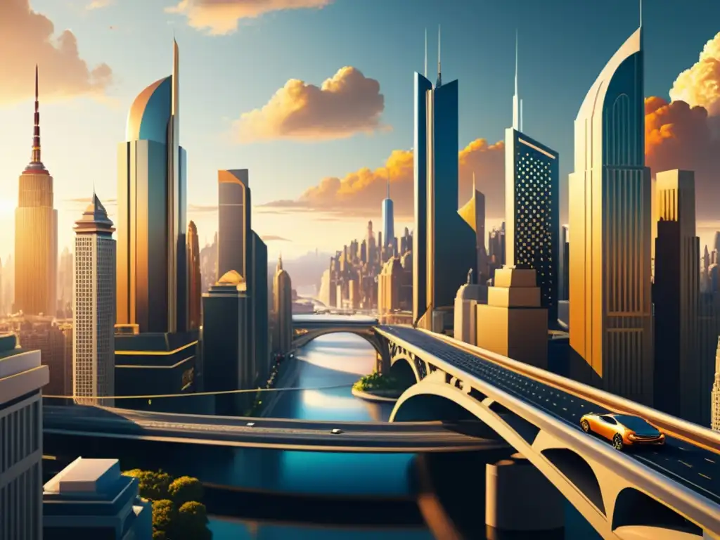 Una impresionante representación arquitectónica vintage en realidad virtual narrativa de una ciudad futurista, con rascacielos, puentes e intrincados detalles, bañada en una cálida y nostálgica luz dorada al atardecer