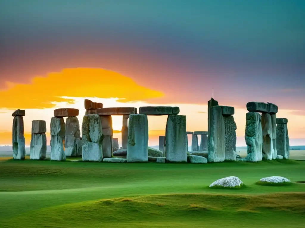 Una impresionante fotografía de Stonehenge al atardecer, con los antiguos monolitos silueteados contra el cielo colorido