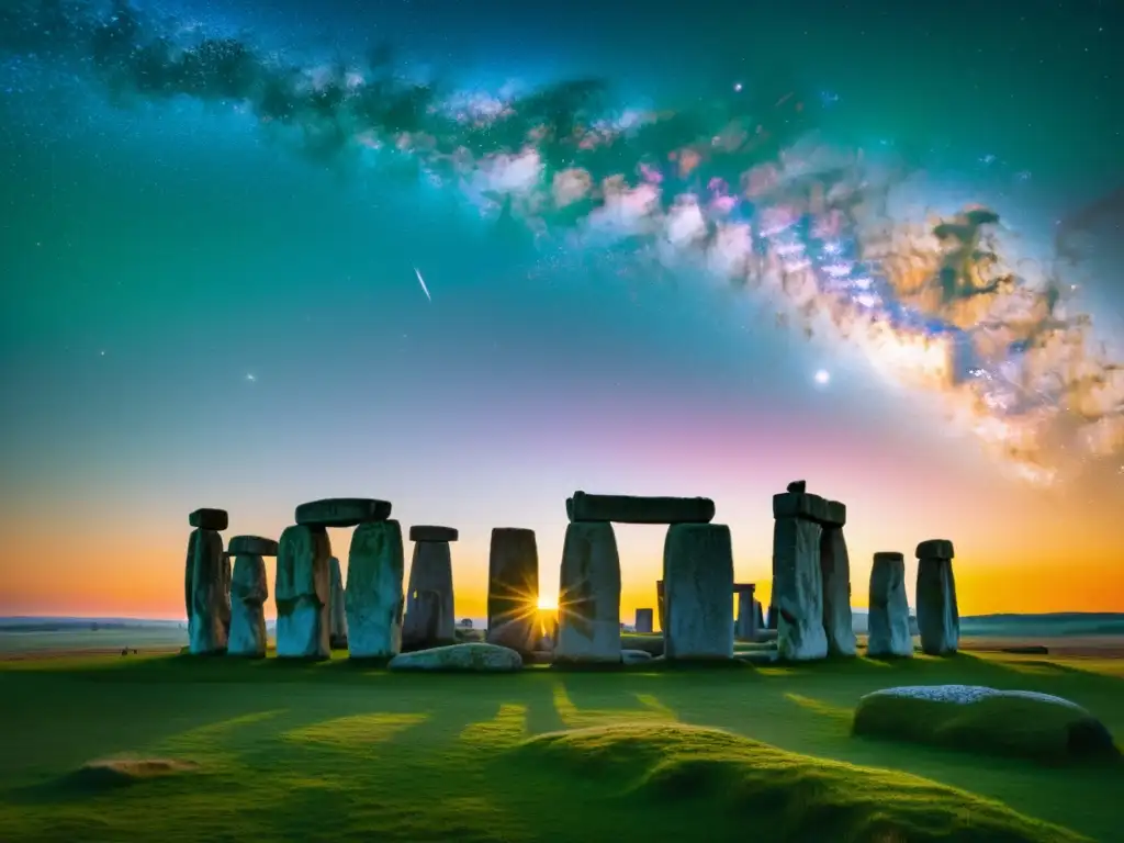 Una impresionante fotografía vintage de Stonehenge al atardecer, con los megalitos silueteados contra el vibrante cielo nocturno