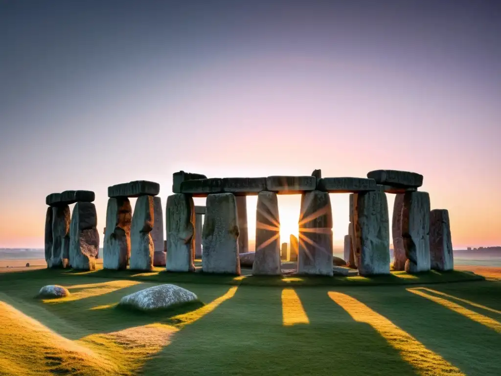 Una impresionante fotografía en blanco y negro de Stonehenge al amanecer, con las antiguas piedras proyectando largas y dramáticas sombras