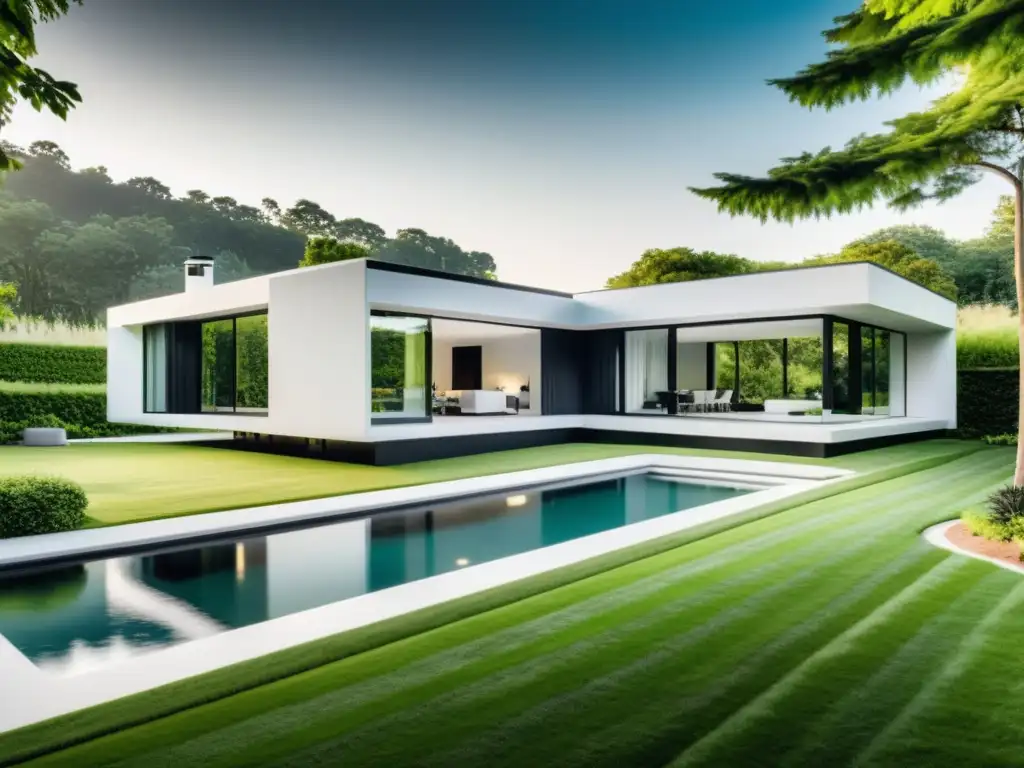 Residencia inteligente futurista en entorno natural Una impresionante fotografía vintage en blanco y negro de un hogar inteligente moderno y elegante con integración tecnológica