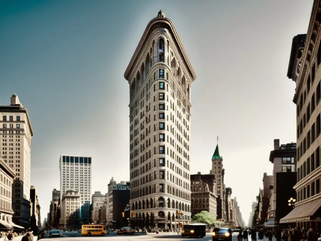 Una impresionante fotografía vintage en blanco y negro del icónico edificio Flatiron en Nueva York, capturando la evolución arquitectónica de la ciudad y la animada escena urbana que lo rodea