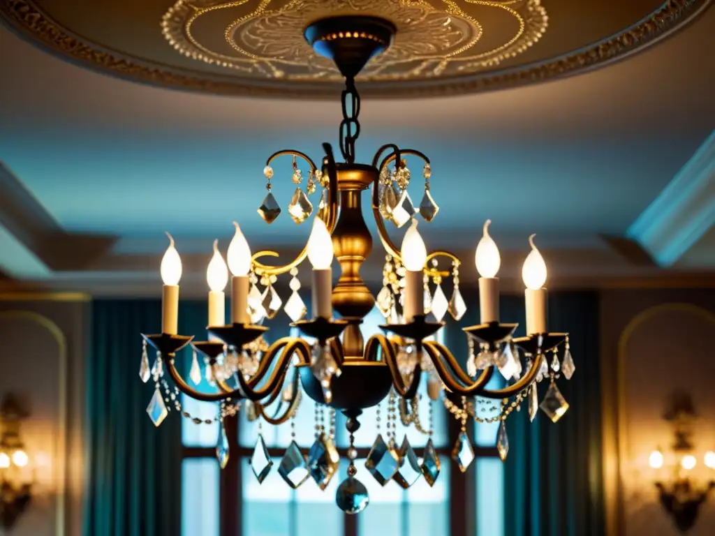 Un impresionante candelabro de cristal vintage proyecta elegantes patrones de luz en una lujosa habitación decorada