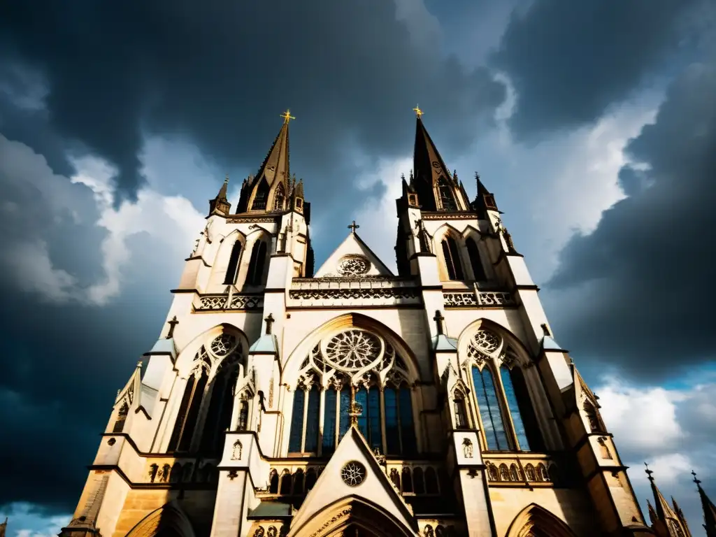 Una impresionante catedral gótica en medio de una tormenta, mostrando su arquitectura histórica con detalles intrincados y vidrieras