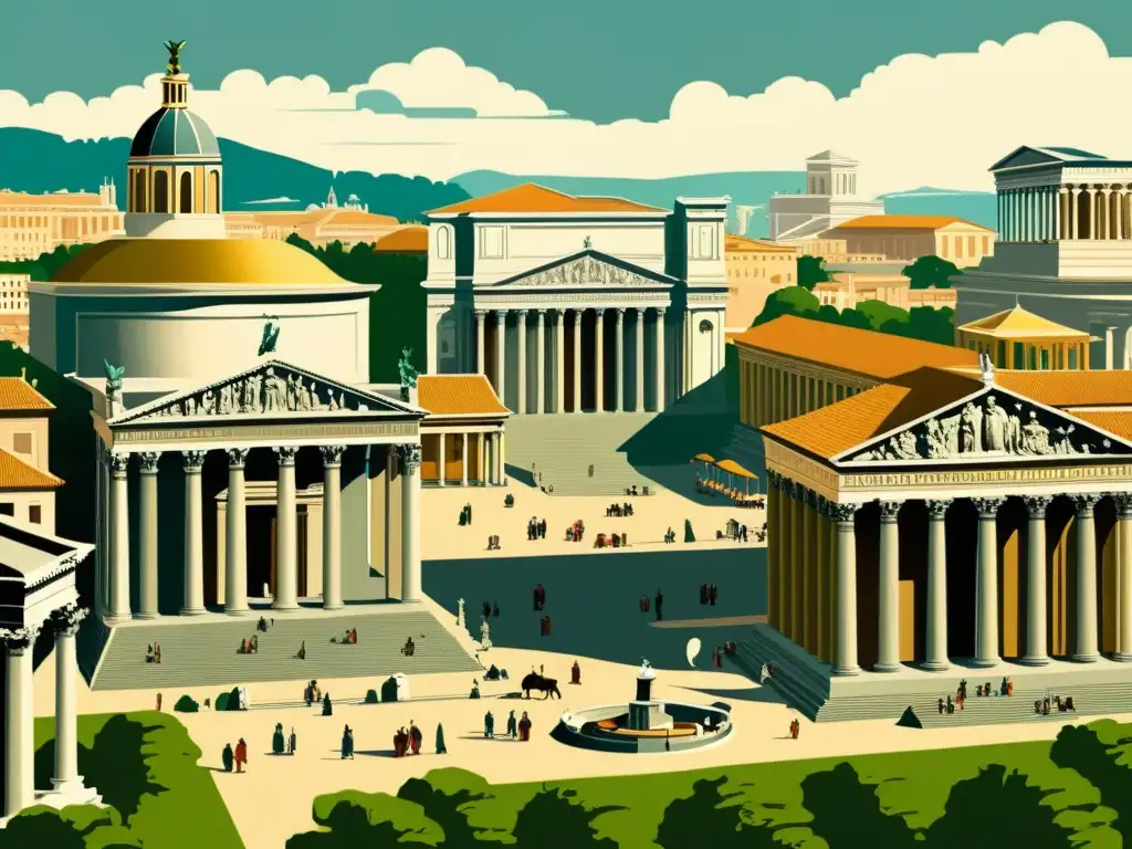 Impresionante ilustración de una ciudad romana con símbolos de autoridad en su arquitectura