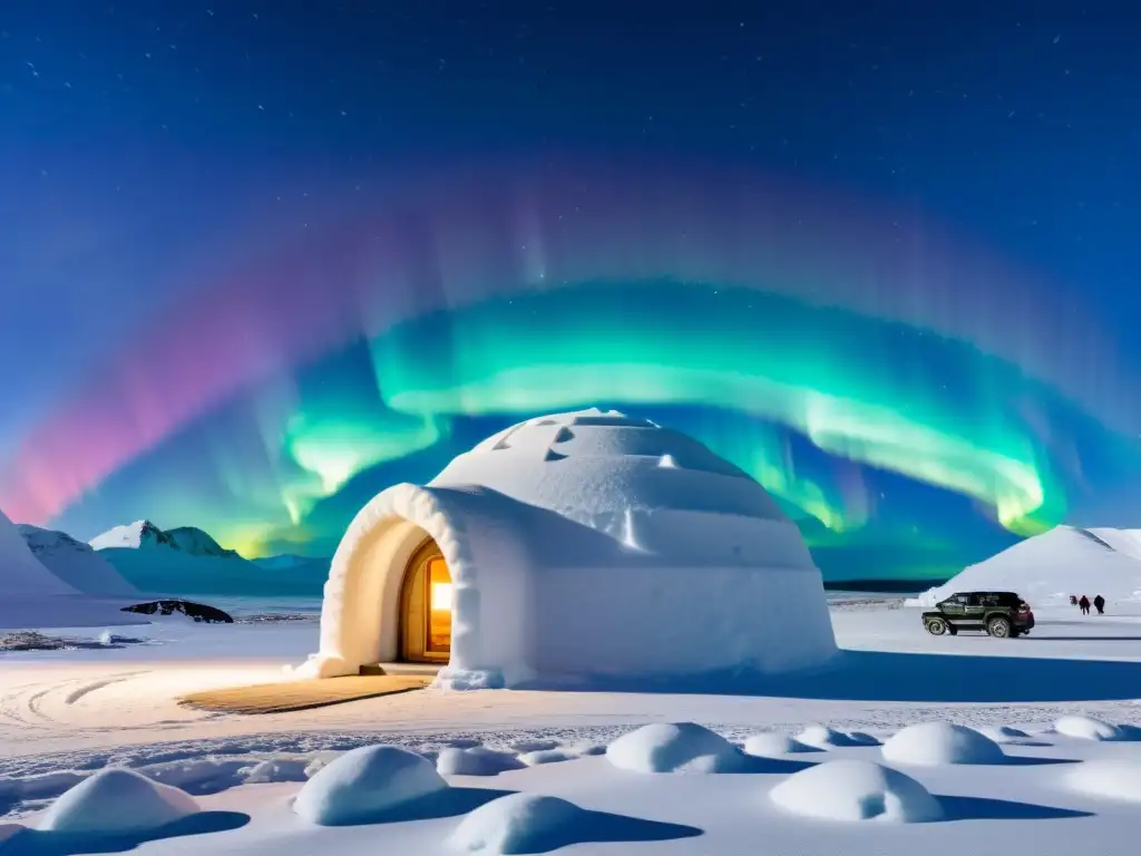 Una impresionante construcción sostenible en la tundra, un iglú inuit iluminado por la aurora boreal