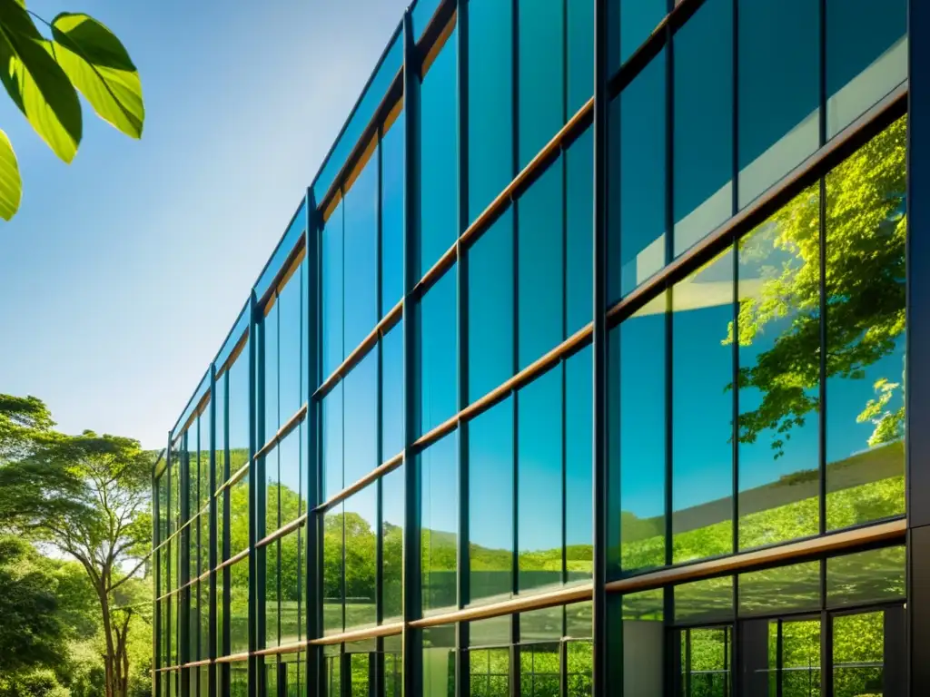 Un impresionante edificio de arquitectura sostenible con fachada de vidrio reciclado, bañado por la luz del sol entre un paisaje verde exuberante